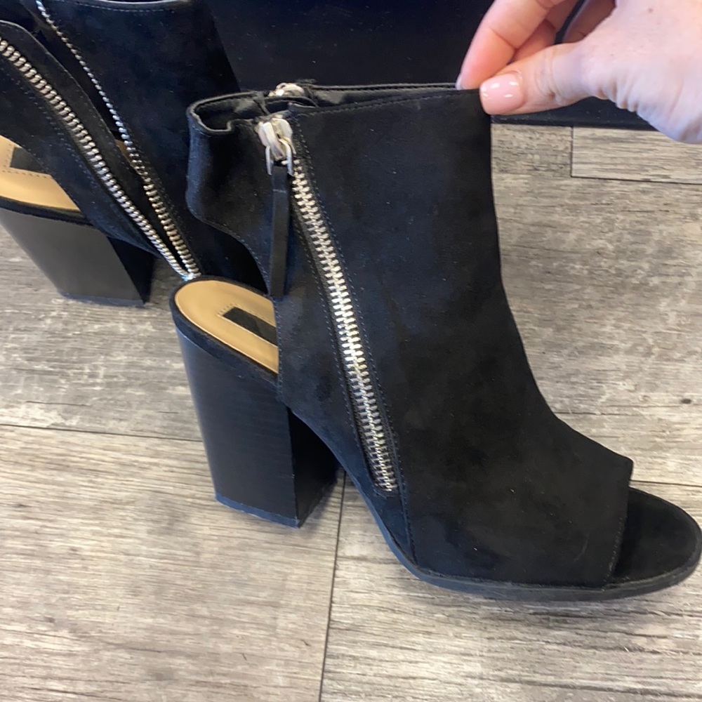Black suede open toe booties